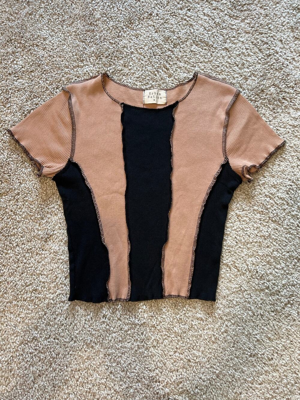 Urban Nation Colorblock Ribbed Baby Tee Y2K Boho Grunge Brown Black S